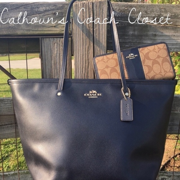 Coach Navy Zipper City Tote & Accordion Wallet Set Midnight Blue Bag - Picture 1 of 6